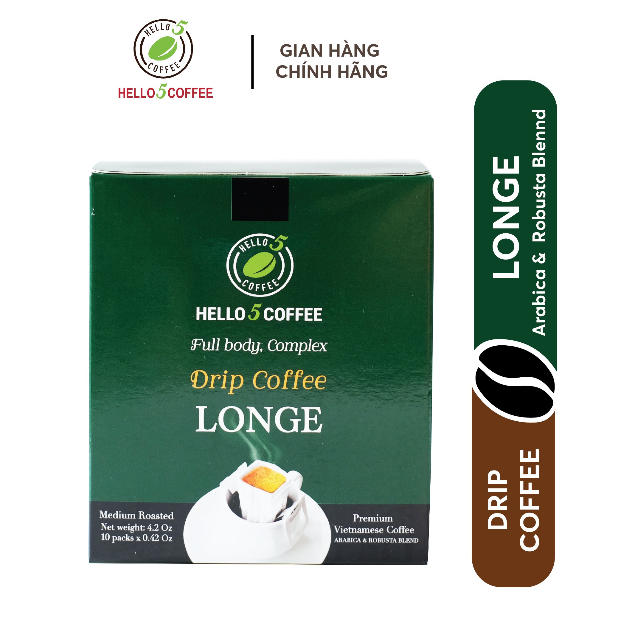 Cà Phê Phin Giấy (Drip Bag) Hello 5 Coffee LONGE - Hộp 120G (10 gói)