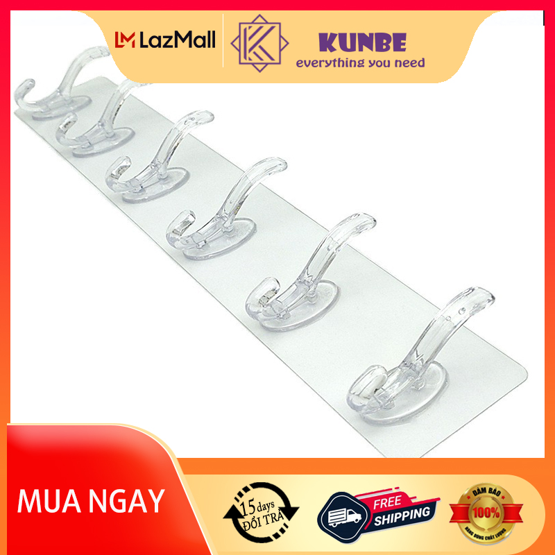 Thanh Treo Đồ Dán Tường 6 Móc KUNBE, Móc Dán Tường Siêu Sính, Chịu Lực Tốt