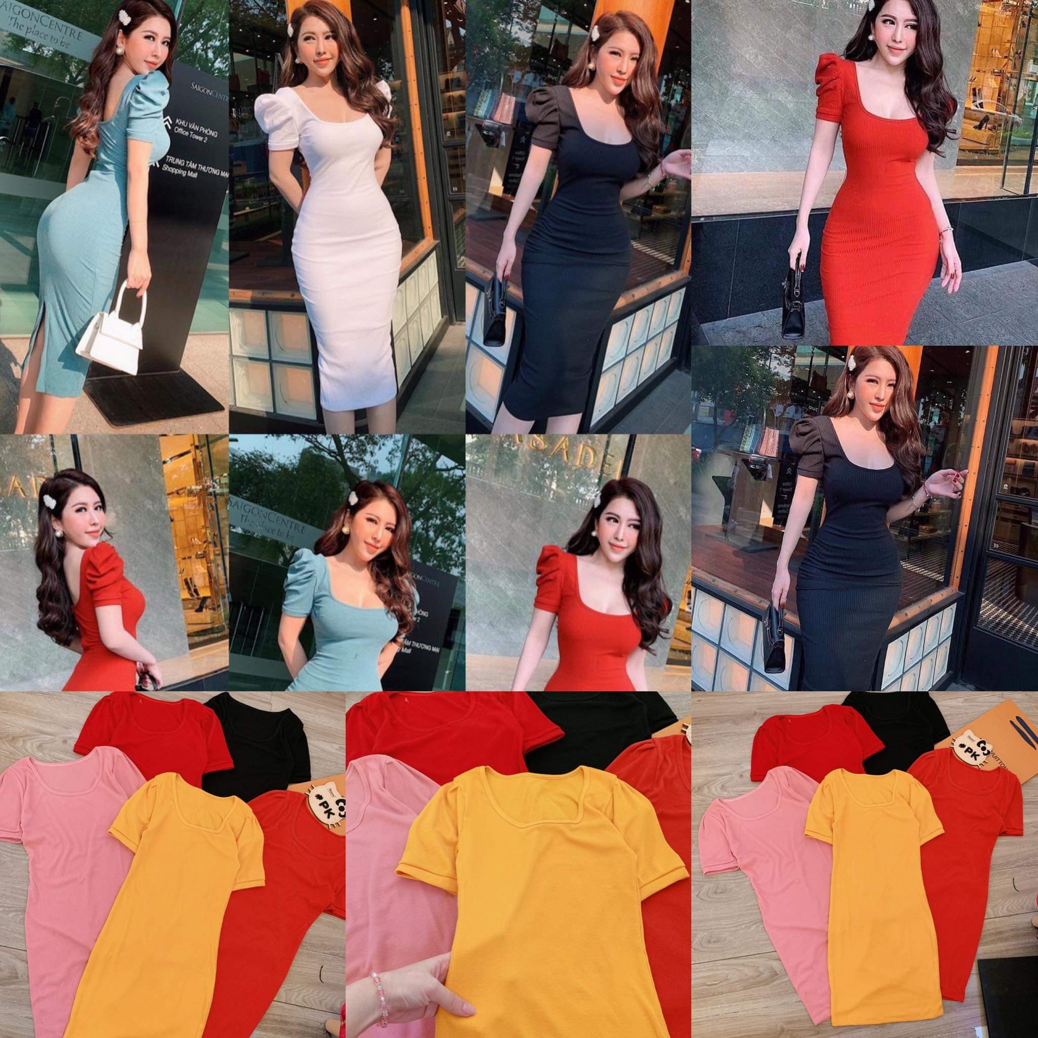 Hình thật đầm ôm body tay phồng hàng xuất chất thun gân freesize đen đỏ vàng hồng