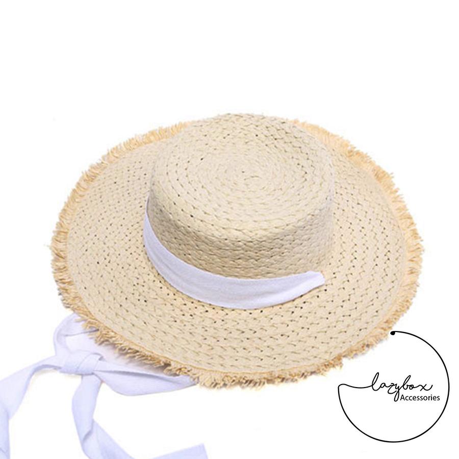 Mũ cói nữ đi biển buộc dây vải màu trắng vành tua rua MU04 ( Mẫu mới nhất)