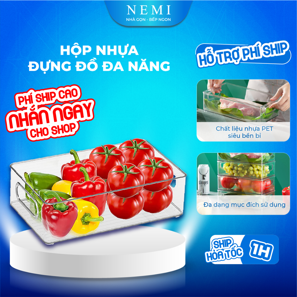 Khay nhựa trong suốt đựng thực phẩm tủ lạnh có tay cầm, Hộp đựng thực phẩm trong suốt cao cấp