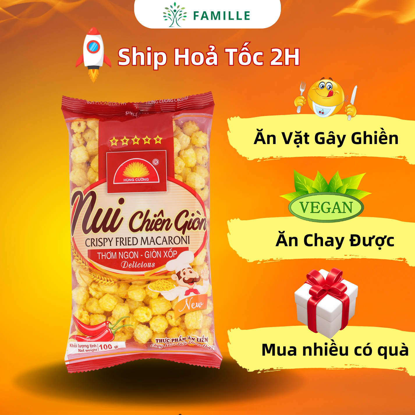 Nui Chiên Giòn 100g | Ăn Chay Được | Đồ Ăn Vặt | Nui Chiên | Nui Chiên Hùng Cường | Nui Sấy | Nui | Đồ Khô |