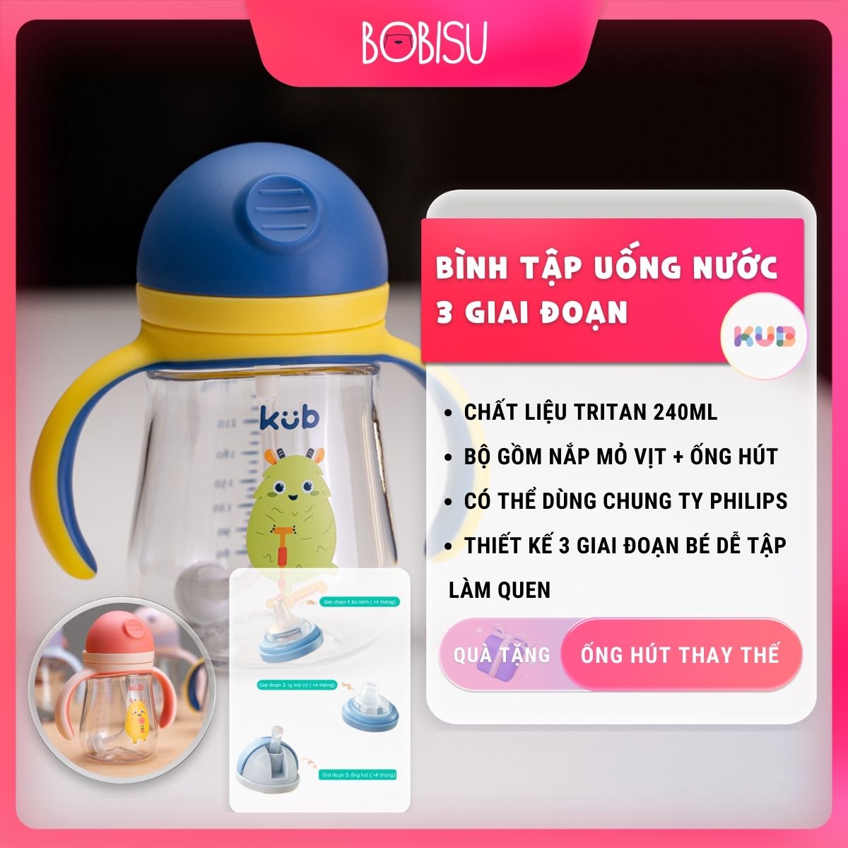 Bình nước chống sặc cho bé 240ml bằng nhựa tritan và ppsu | kub