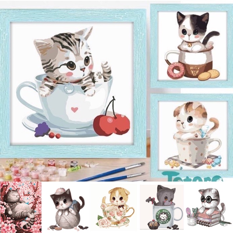 Tranh tô màu sơn dầu số hóa Mèo trong cốc 30x30cm - Mèo Béo và Hoa Anh đào 40x50cm