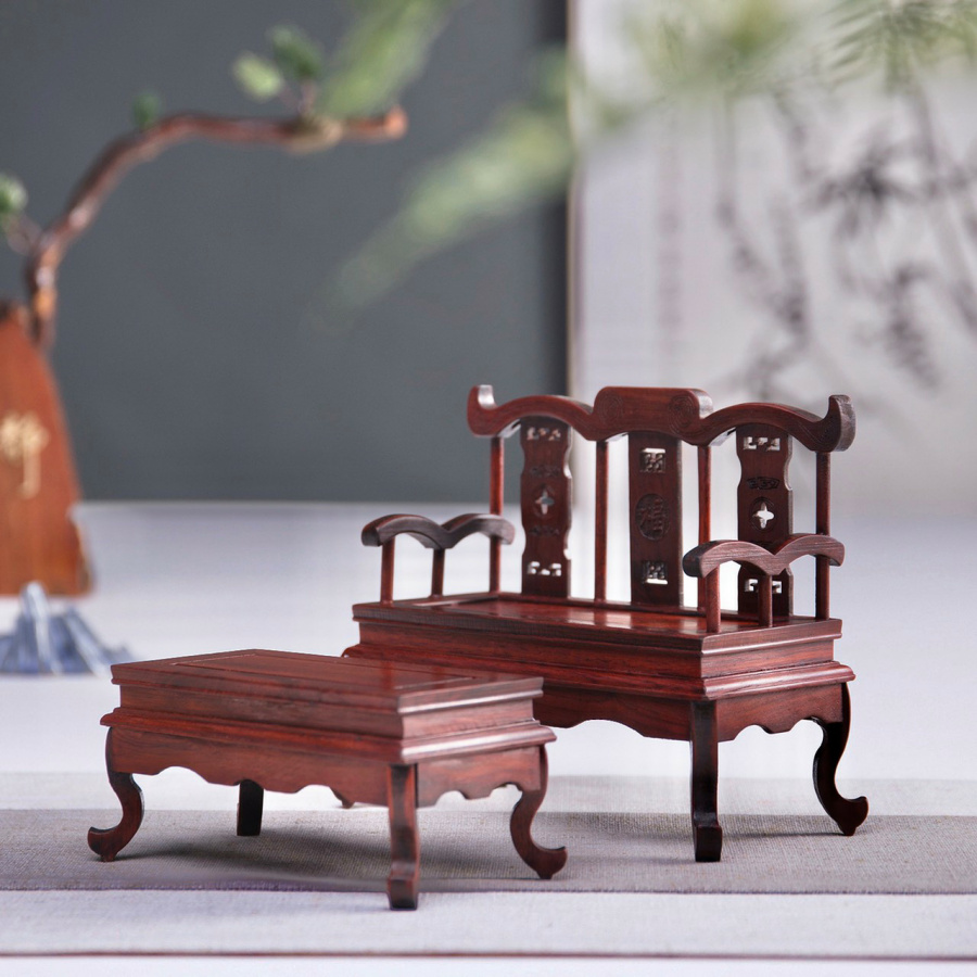 [HCM]BỘ BÀN GHẾ UỐNG TRÀ CHỮ NHẬT CHẠM KHẮC KIỂU CỔ MINI BẰNG GỖ ĐỂ TRANG TRÍ MÔ HÌNH