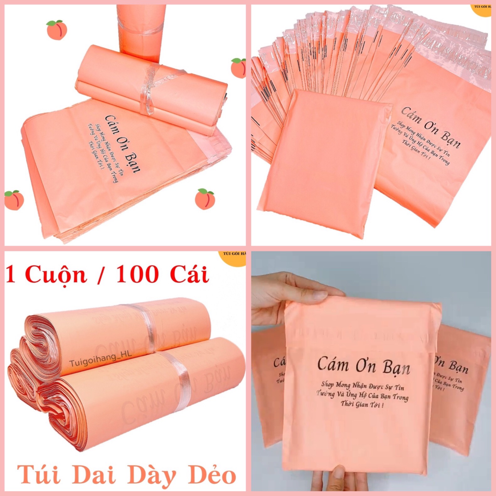 Full size - 100 túi gói hàng tiện lợi dán mép in chữ cảm ơn - túi đóng hàng niêm phong màu hồng đào