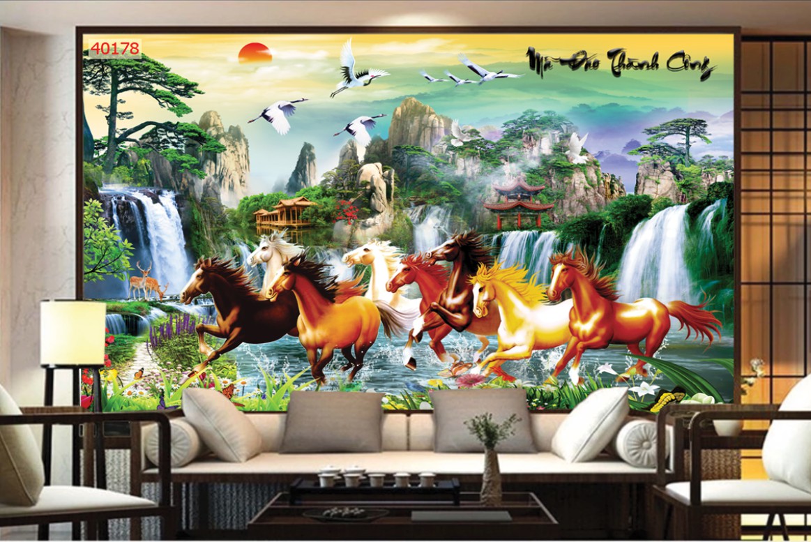 Tranh dán tường 3d mã đáo thành công ngựa phong thủy trang trí  nhà cửa phòng khách hàng quán đẹp giá rẻ chất liệu decal pp keo sẵn bóc dán
