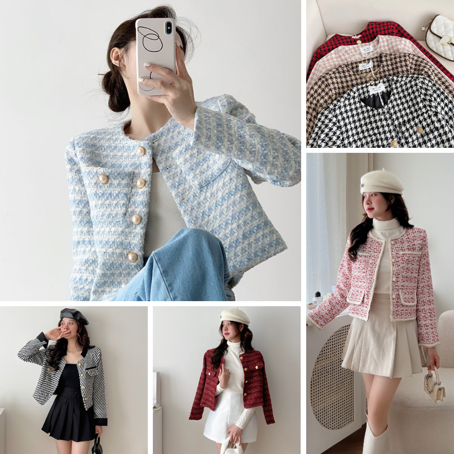 Áo Khoác Cardigan Dạ Kẻ caro Tweed Nữ Cổ Tròn Dáng Ngắn Croptop có đệm vai, Áo Khoác Ngoài Croptop Chất Dạ Tweed Kẻ