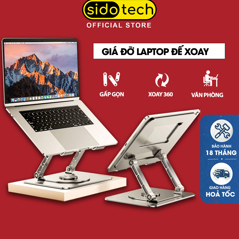 Giá đỡ laptop máy tính bảng xoay 360 độ SIDOTECH 523 kệ kê macbook ipad tản nhiệt gấp gọn chống trượt bằng hợp kim thép carbon chống gù lưng điều chỉnh độ cao linh hoạt - Hàng chính hãng