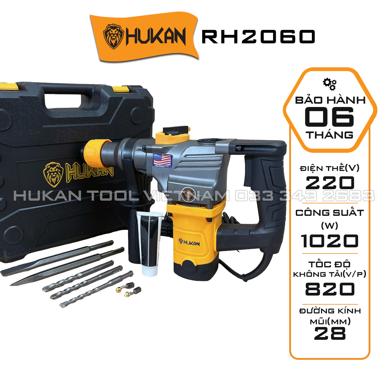 Máy khoan đục bê tông HUKAN RH2060, Tặng 3 Mũi khoan 2 Mũi đục, Dây đồng nguyên chất siêu mạnh mẽ và bền bỉ