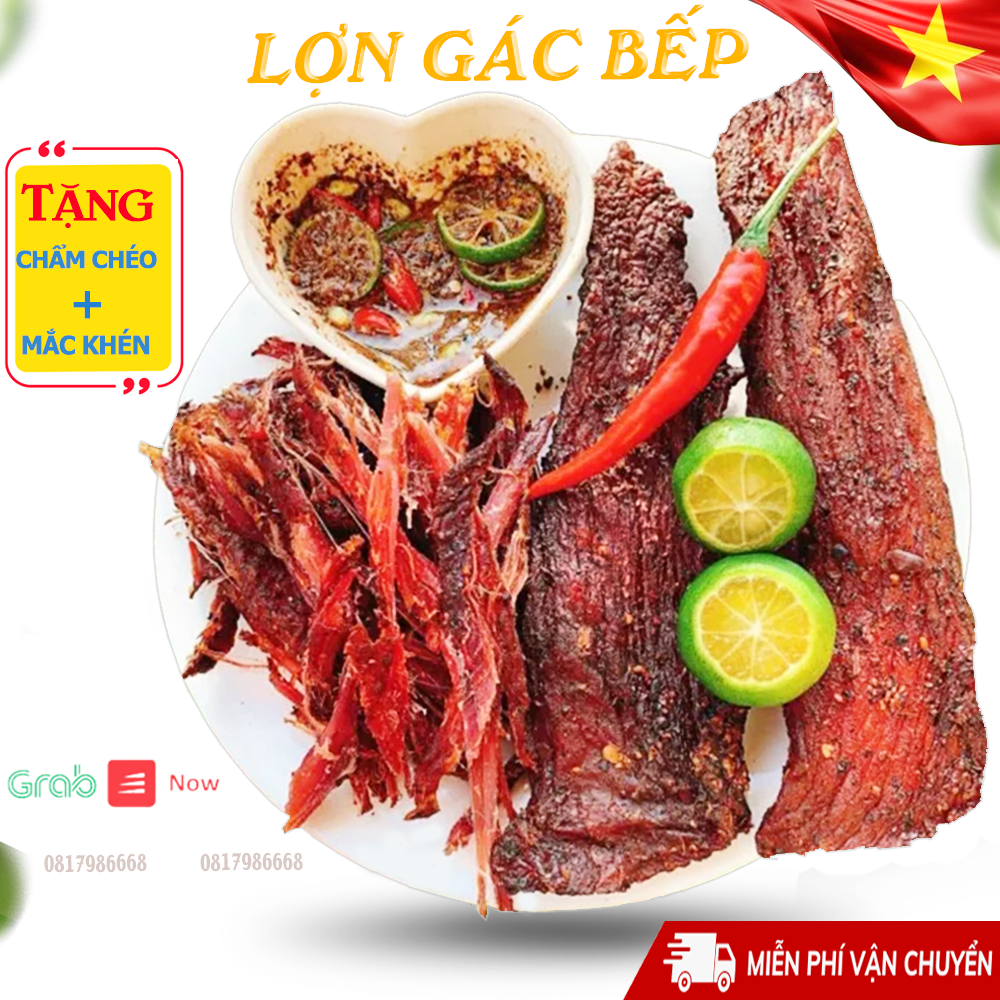 Thịt Lợn Gác Bếp Sấy Khô Chuẩn vị Tây Bắc tặng chẩm chéo, khô thịt heo hun khói đóng túi hút chân không đồ ăn vặt quà biếu ngon sạch Mường Then