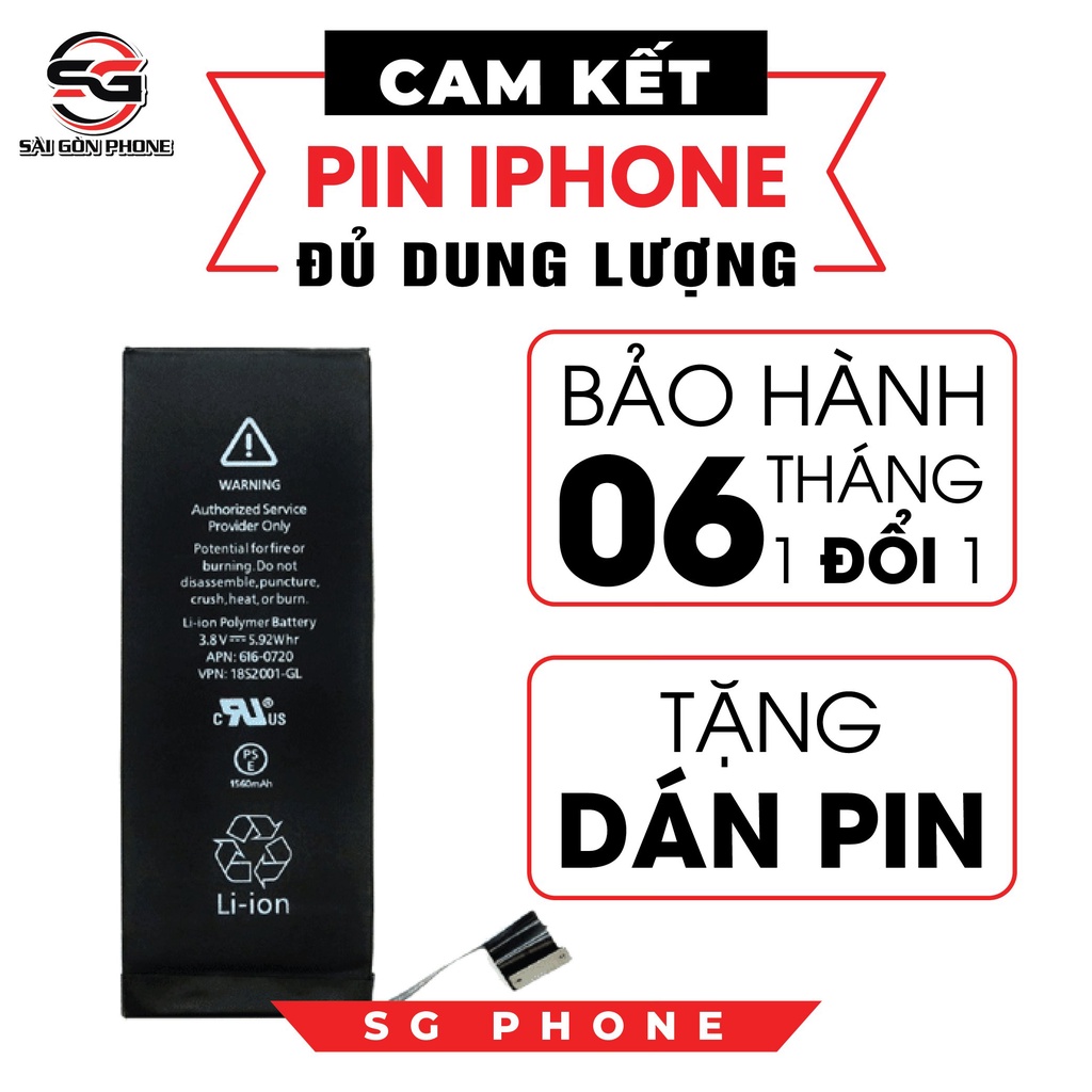 Pin l.phon-e dung lượng chuẩn eu như pin theo máy chính hãng cho i.p 5, 5s, 5se,6, 6s, 6+, 7,7+, 8, 8+ sgphone