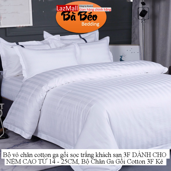 Bộ vỏ chăn cotton ga gối sọc trắng khách sạn 3f dành cho nệm cao từ 14 - 25cm, bộ chăn ga gối cotton 3f kẻ sọc khách sạn màu trắng đủ kích thước m2/m4/m6/m8/2m2