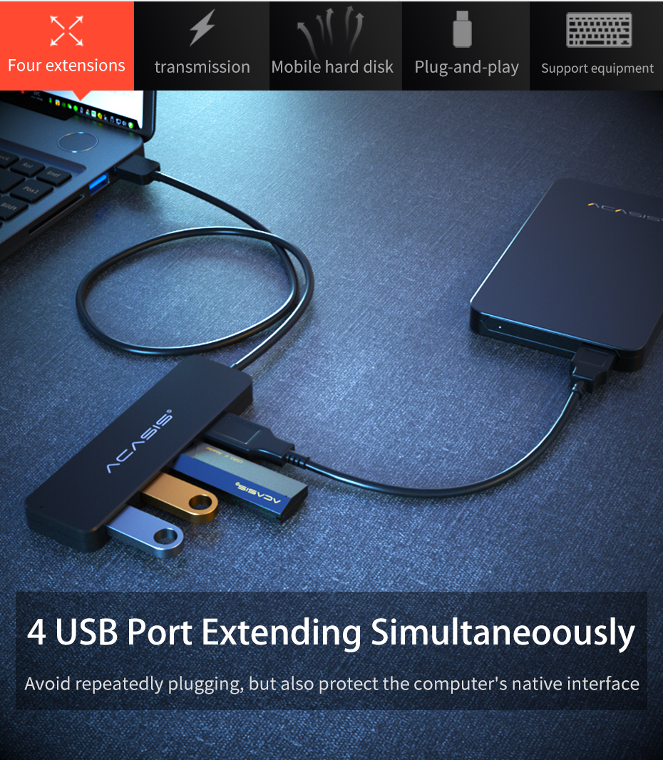 ACASIS HUB USB 3.0 5 cổng Adapter Nickel-plated Interface Aluminum Foil shell Micro USB Power