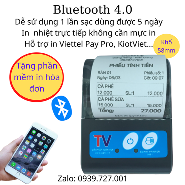 may in bluetooth mini, máy in hóa đơn goviet, grabfood, Viettel Pay Pro, KiotViet  - Tặng 5 cuộn giấy