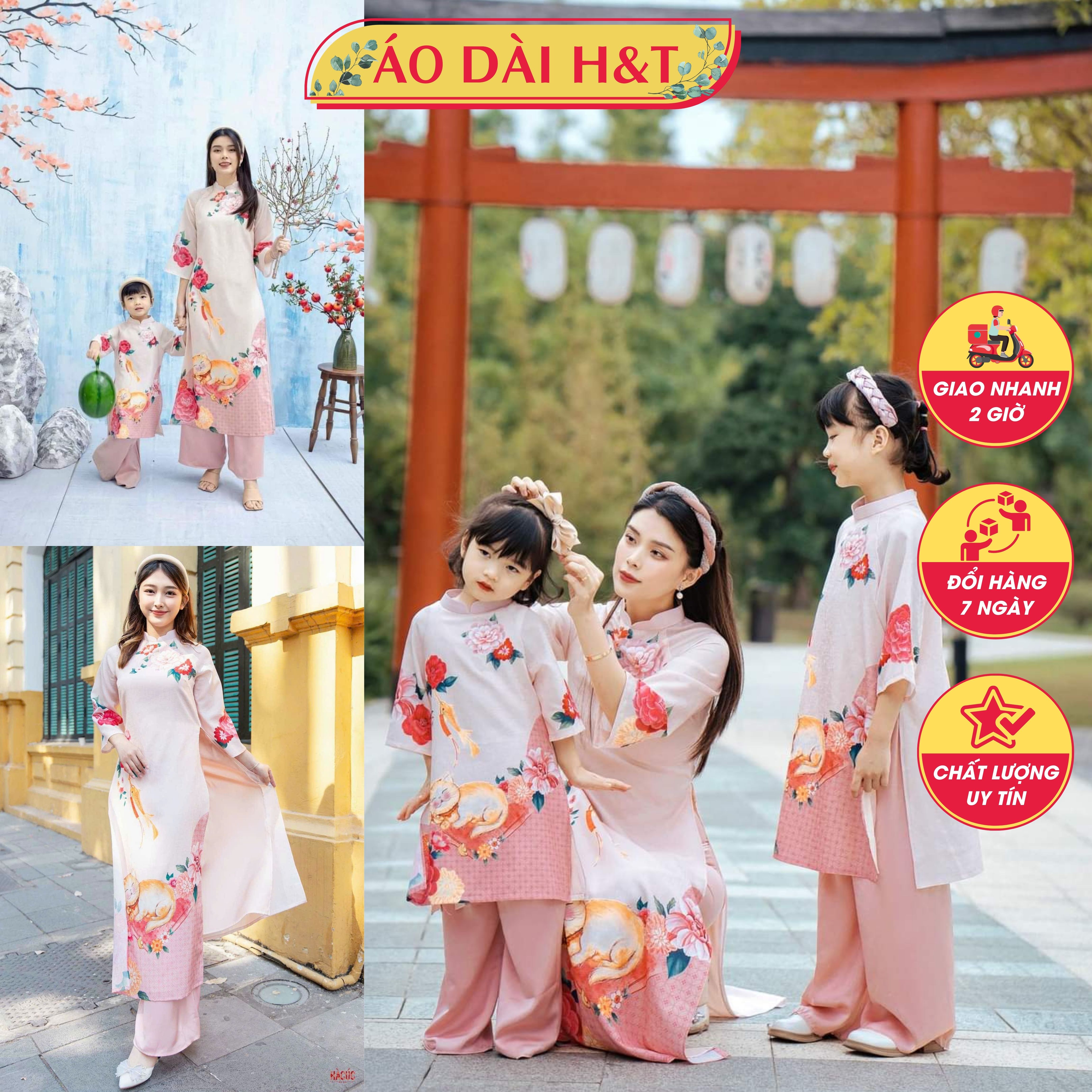 Áo dài tết 2024 cho mẹ và bé gái chất tơ kim sa cao cấp màu kem in họa tiết - Áo Dài Sài Gòn H&T