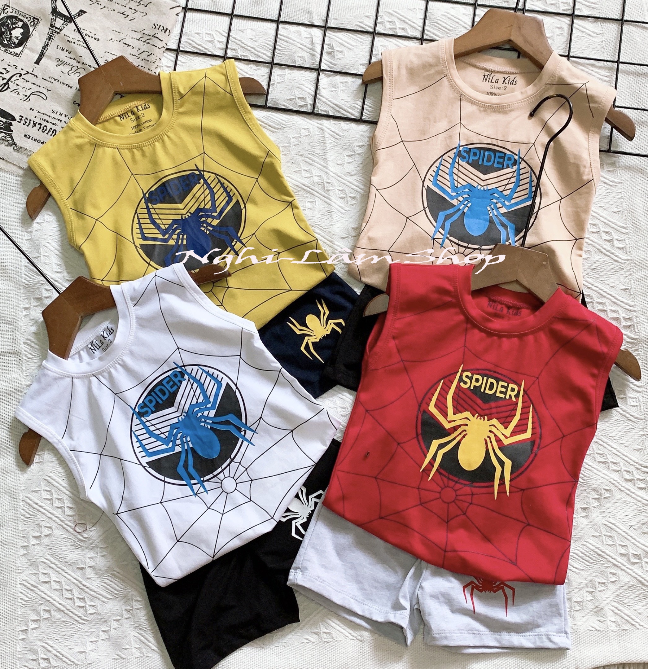 [HCM]Đồ bộ bé trai sát nách in hình nhện chất liệu thun cotton 100% co giản 4 chiều mịn mát cho bé từ 8-35kg