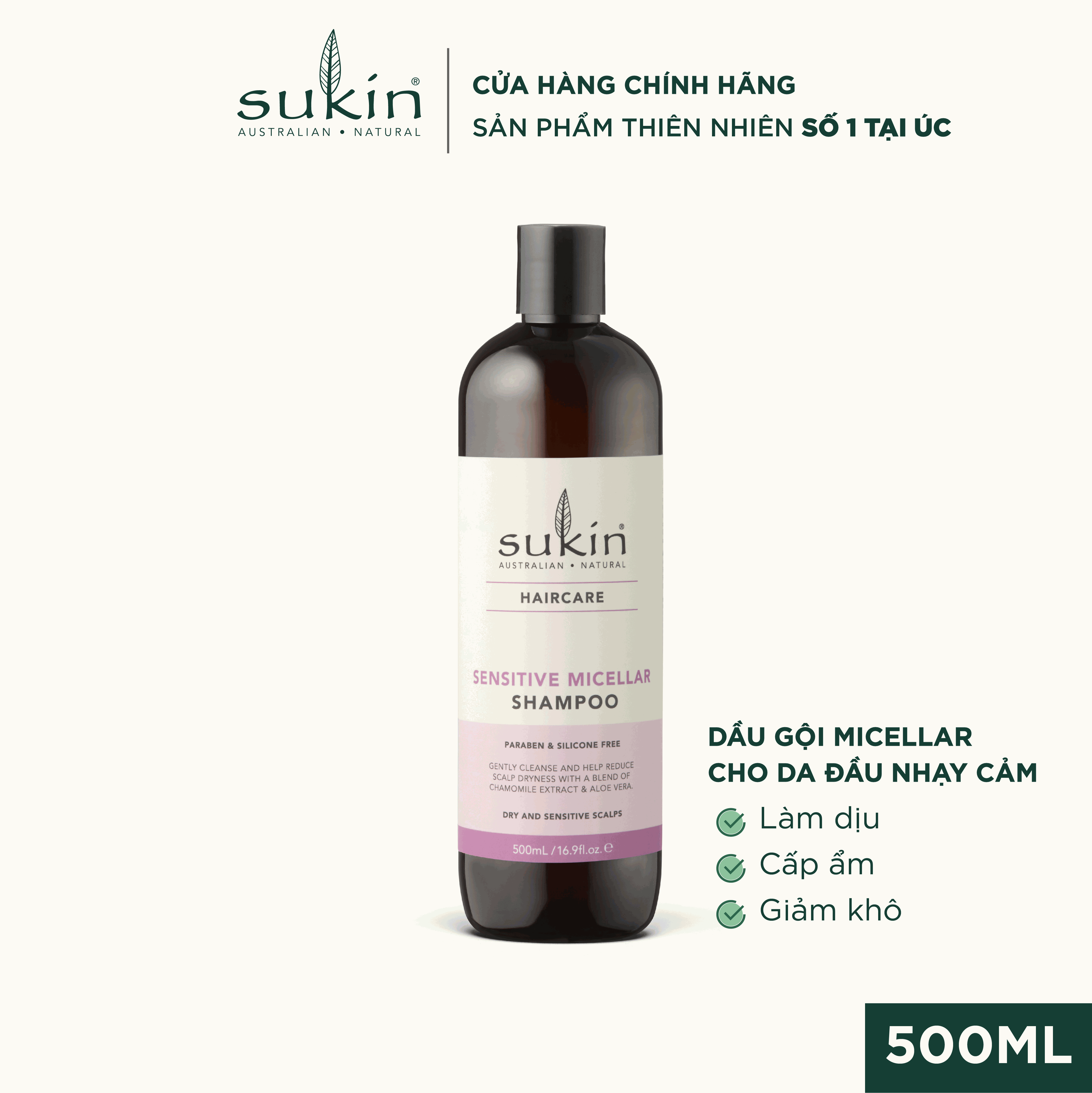 Dầu Gội Micellar Cho Da Đầu Nhạy Cảm Sukin Sensitive Micellar Shampoo 500ml