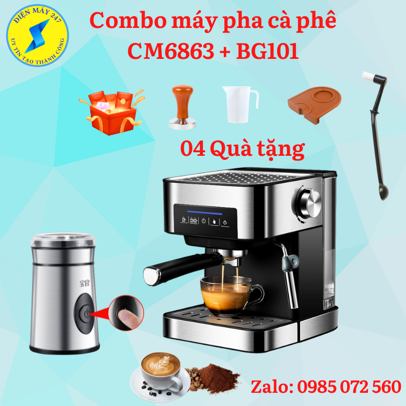 Combo máy pha cà phê cm6863 và máy xay cà phê bg101 - nhỏ gọn - chuẩn vị espresso - bảo hành 12 tháng