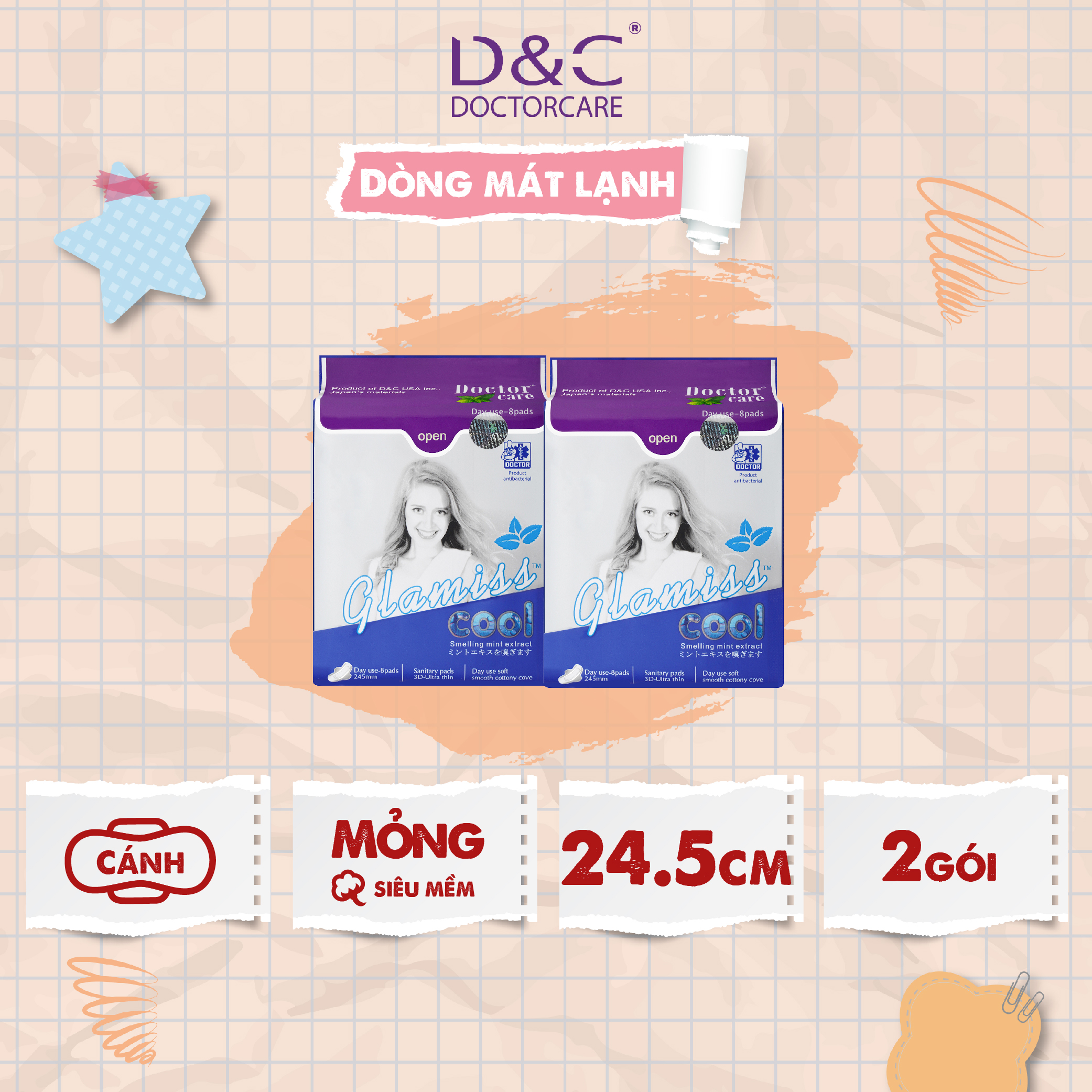 Combo 2 gói băng vệ sinh thảo dược Glamiss Cool ban ngày 24cm, nguyên liệu từ thiên nhiên xuất xứ Nhật Bản, Đài Loan