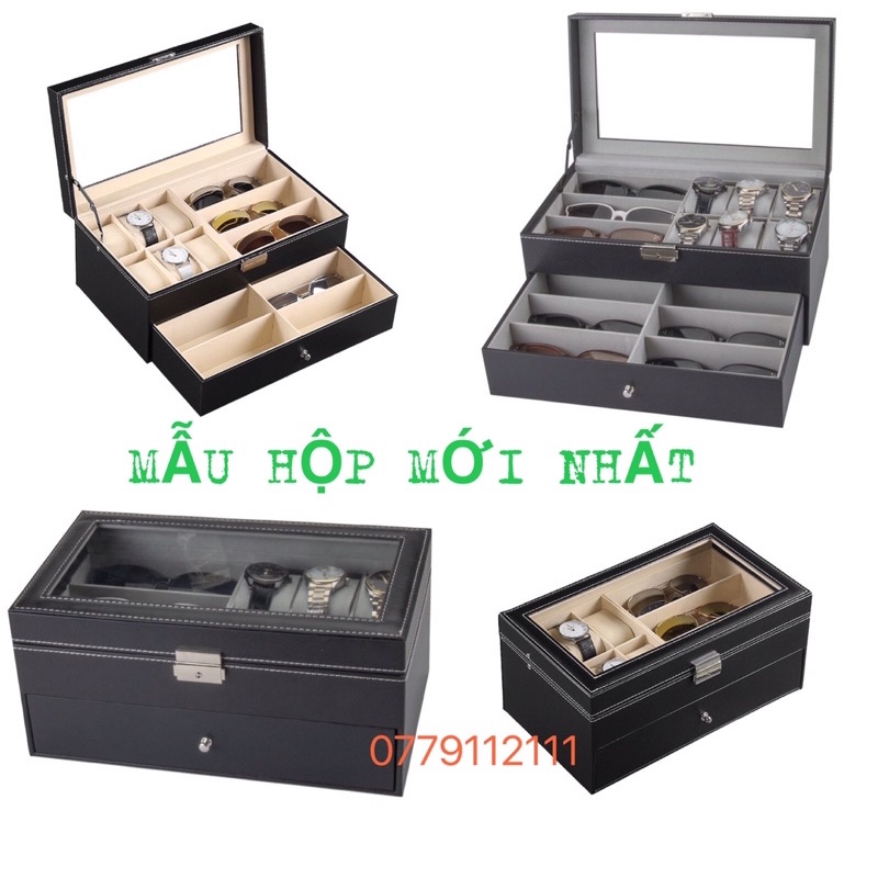 Hộp đựng đồng hồ mắt kính cao cấp. Hộp đựng 6 đồng hồ và 9 mắt kính bọc da