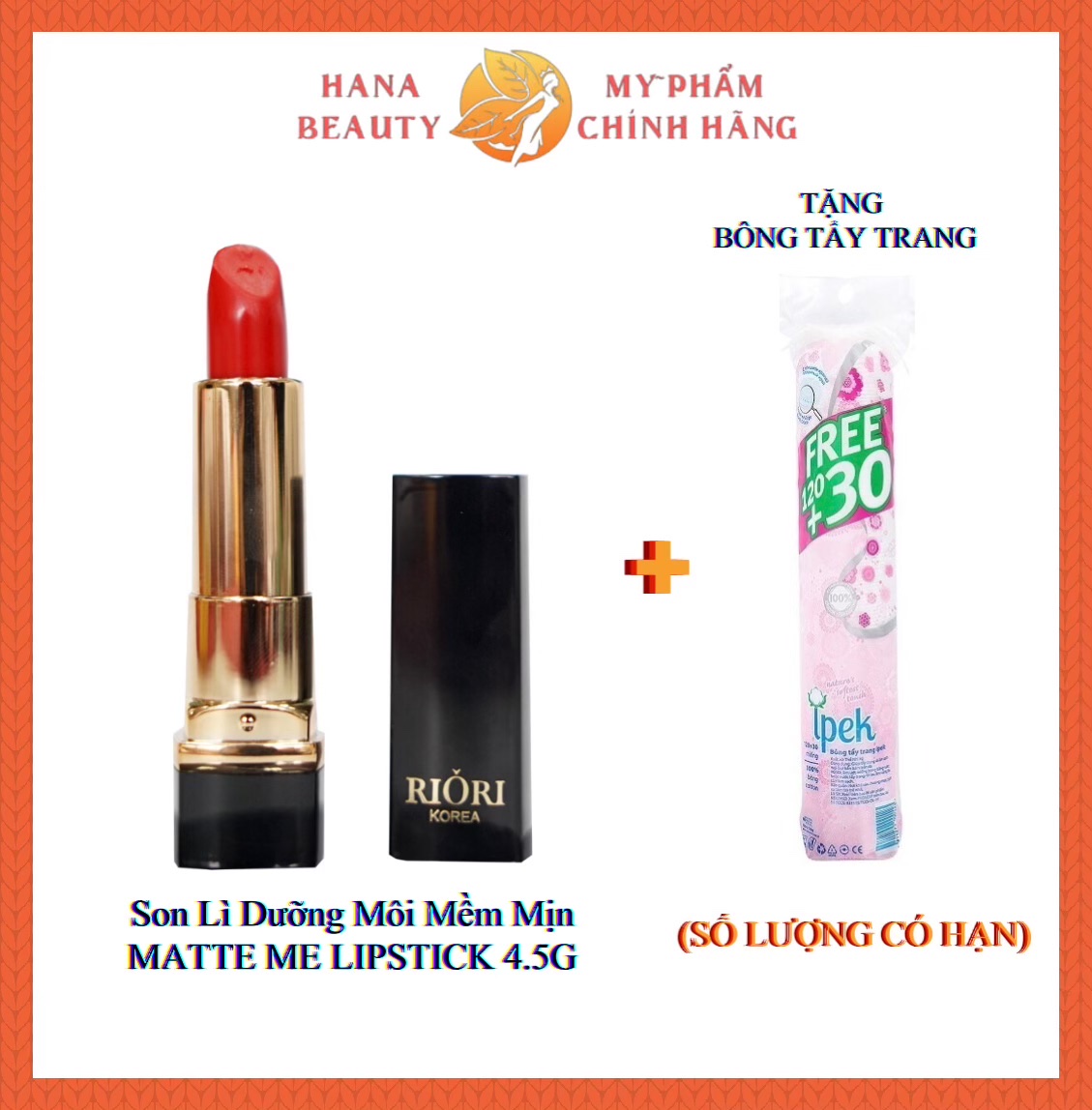 Son lì dưỡng môi mềm mịn riori - matte me lipstick 4.5g, tặng bông tẩy trang 150 miếng