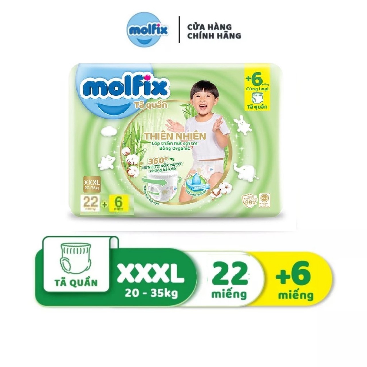 Bỉm Molfix quần, Unidry quần form to, siêu thấm hút -Size XXXL (20kg - 35kg) - Gói 22+6 miếng