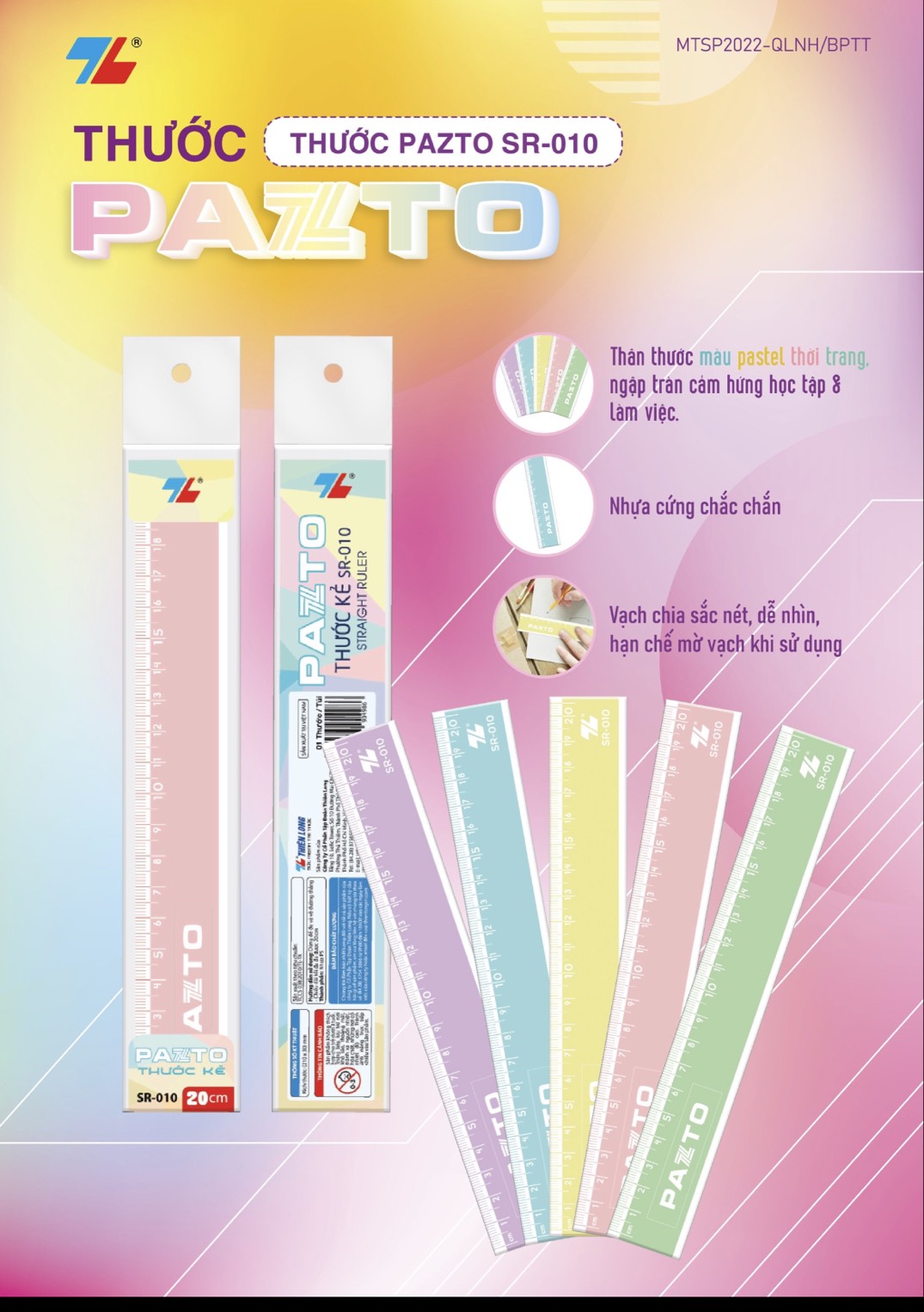 Thước nhựa cứng Thiên Long Pazto SR-010 màu Pastel, thước thẳng dài 20 cm