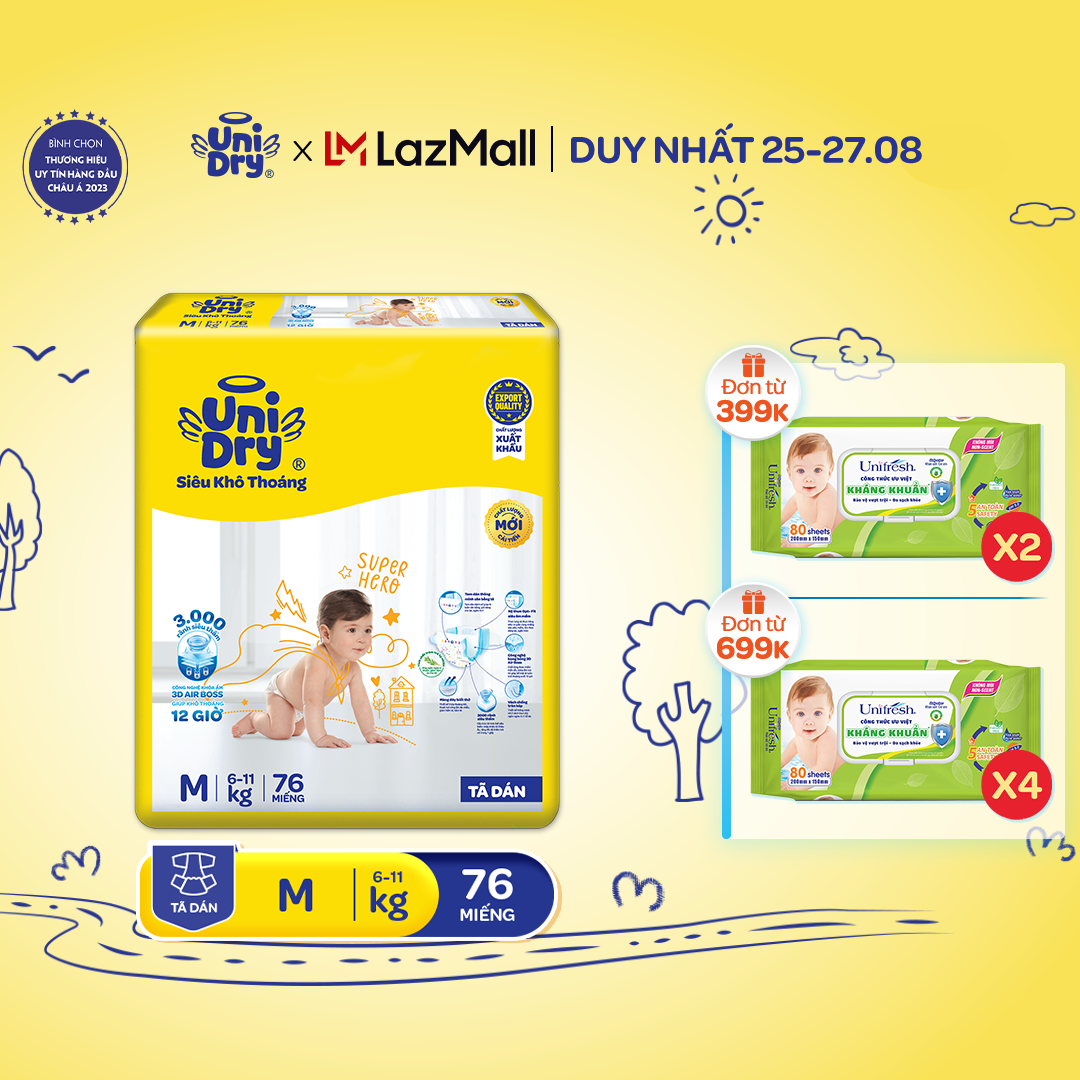 [HỎA TỐC] Tã dán UniDry Siêu khô thoáng gói Super Jumbo mới size M76/L68/XL62