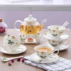 Bộ ấm trà bếp nến hoa cúc 4 chén xứ sương cao cấp- bộ ấm pha trà phong cách châu âu sang trọng-ấm pha trà có đáy nến để đun nóng
