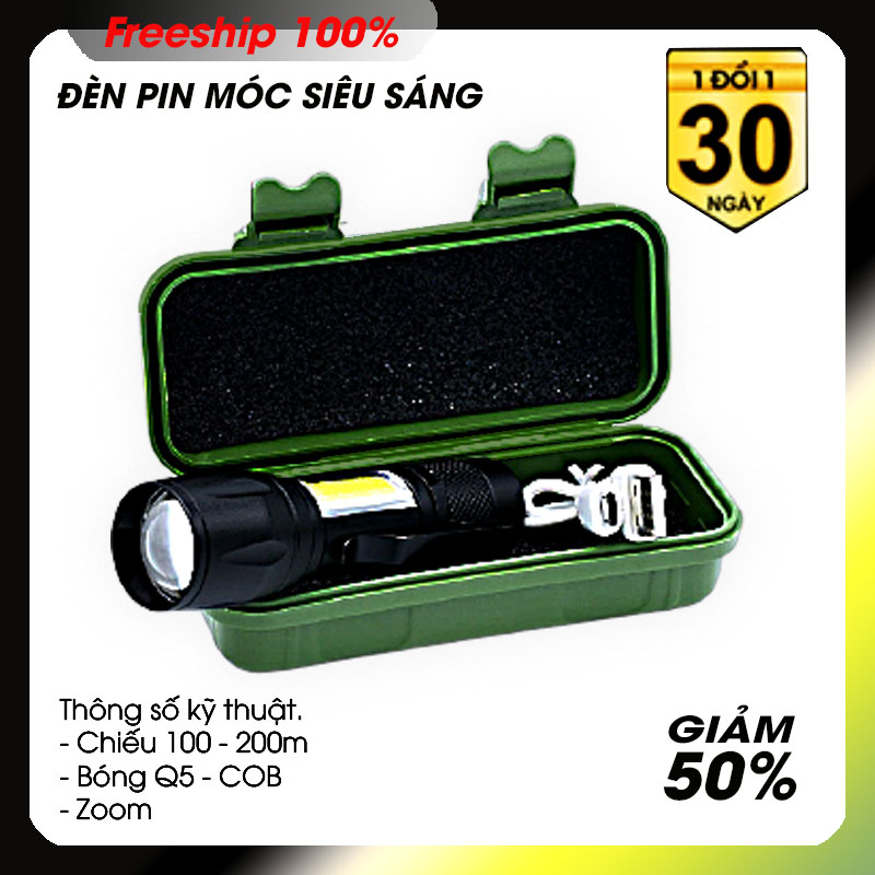 Đèn pin siêu sáng - LED Q5 - COB -  Sac cổng USB - Zoom - LED chớp - Full hộp nhựa - Video sản phẩm.