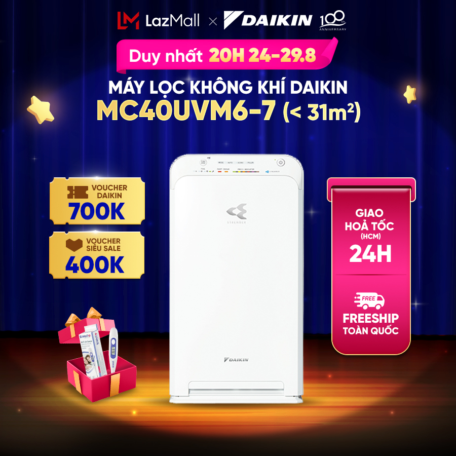 [MIỄN PHÍ SHIP]Máy Lọc không khí Daikin MC40UVM6-7 - Phù hợp phòng 31m2 - Phin lọc tĩnh điện Hepa sử dụng 10 năm - Công nghệ Streamer độc quyền