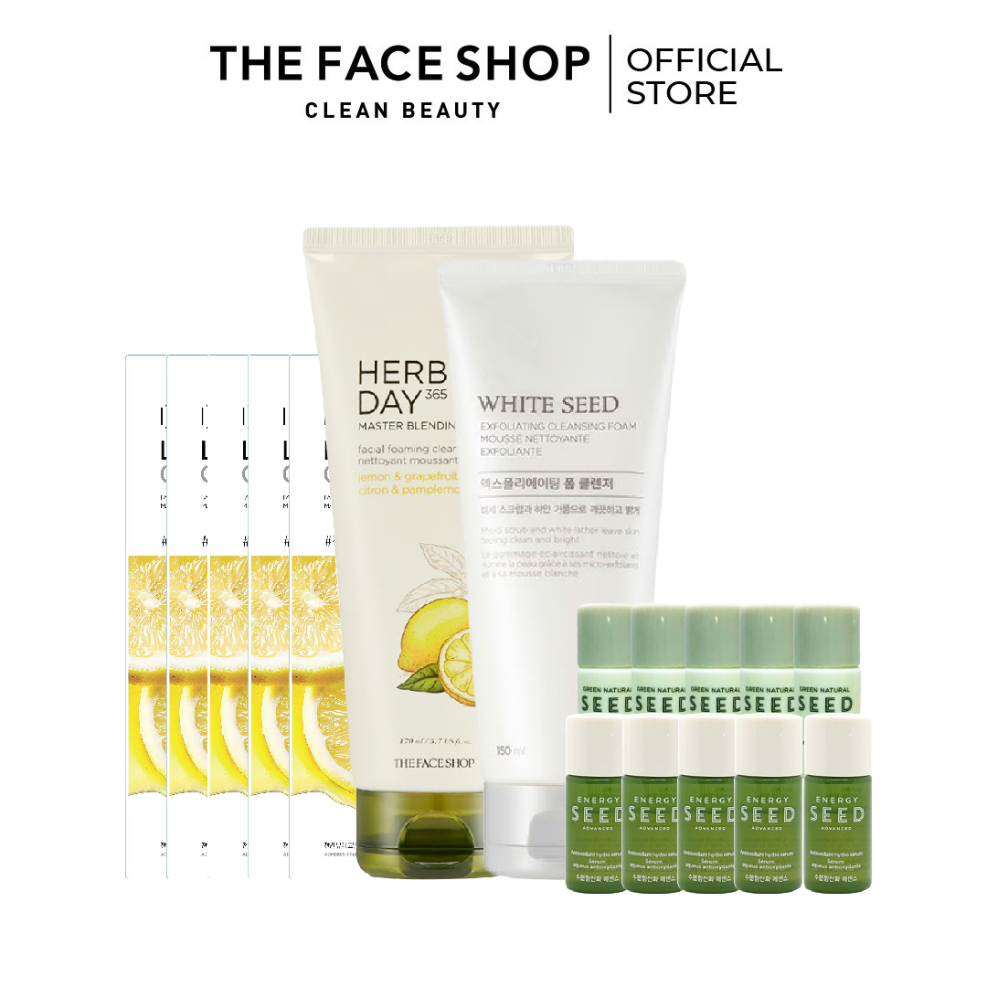 Combo làm trắng sáng da the face shop (sữa rửa mặt 150ml, sữa rửa mặt 170ml, mặt nạ giấy 20g, sữa dưỡng 5ml, tinh chất 5