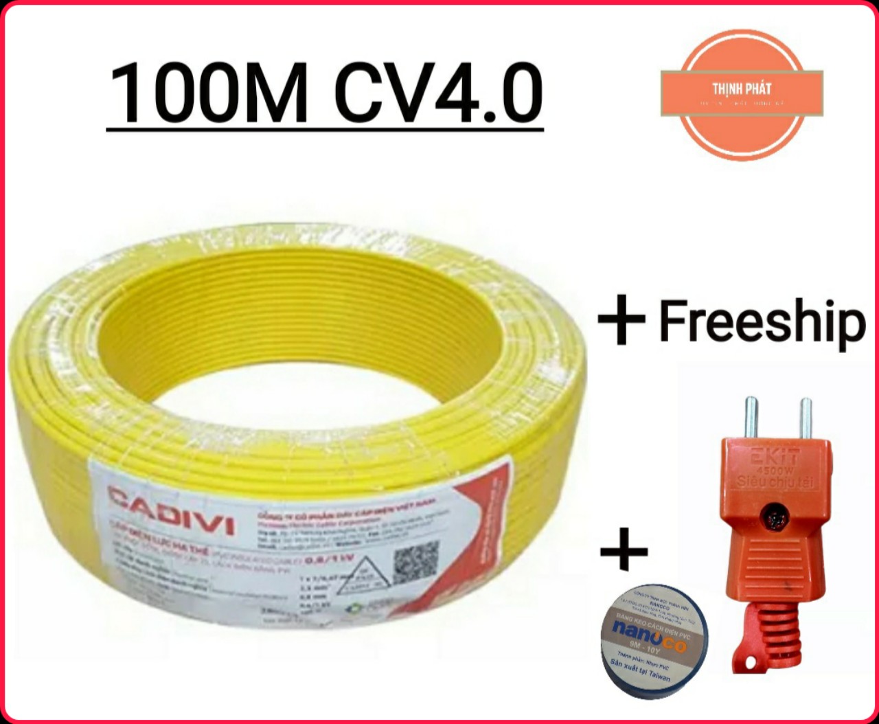 100M dây điện Cadivi đơn  CV4.0 lõi 7 sợi - Hàng chính hãng - Tặng kèm Băng keo điện Nanoco cao cấp và Phích cắm điện chịu tải đến 4500w cao cấp