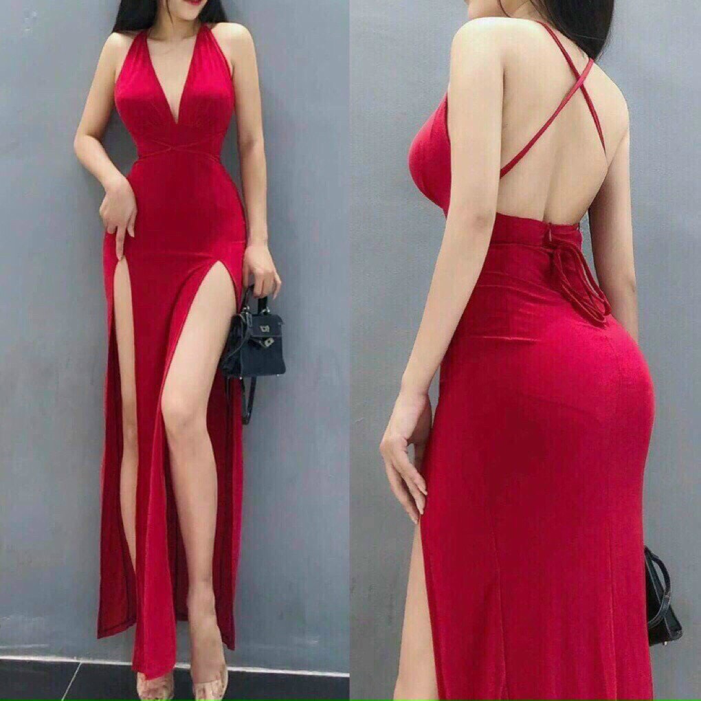 Đầm body 2 dây xoắn ngực có mút xẻ đùi thun borip qc
