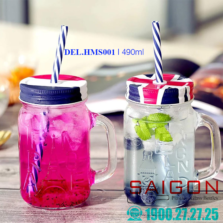 Ly Quai Thủy Tinh Deli in hình Nước Anh  490ml kèm Óng Hút và Nắp | Thủy Tinh Cao Cấp