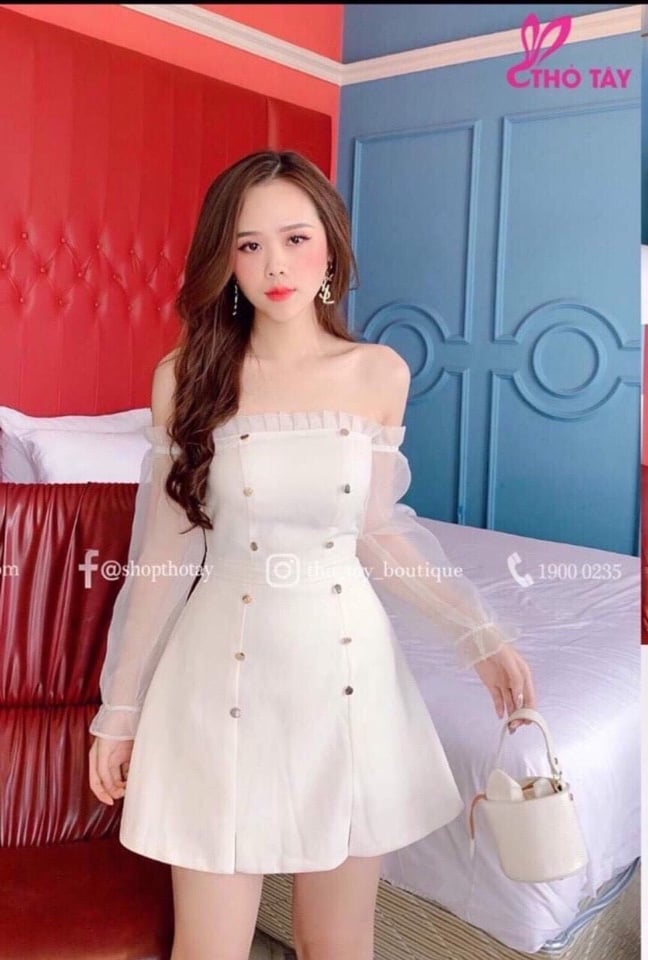 Đầm bẹt vai phối lưới dễ thương