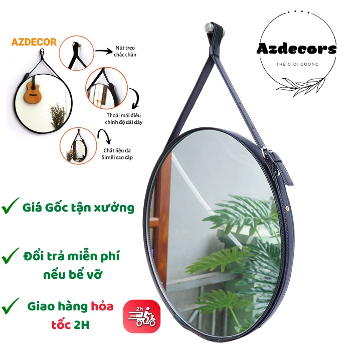 Gương Treo Tường Gương Tròn Dây Da Simili Cao Cấp Sang Trọng Đường Kính 40cm