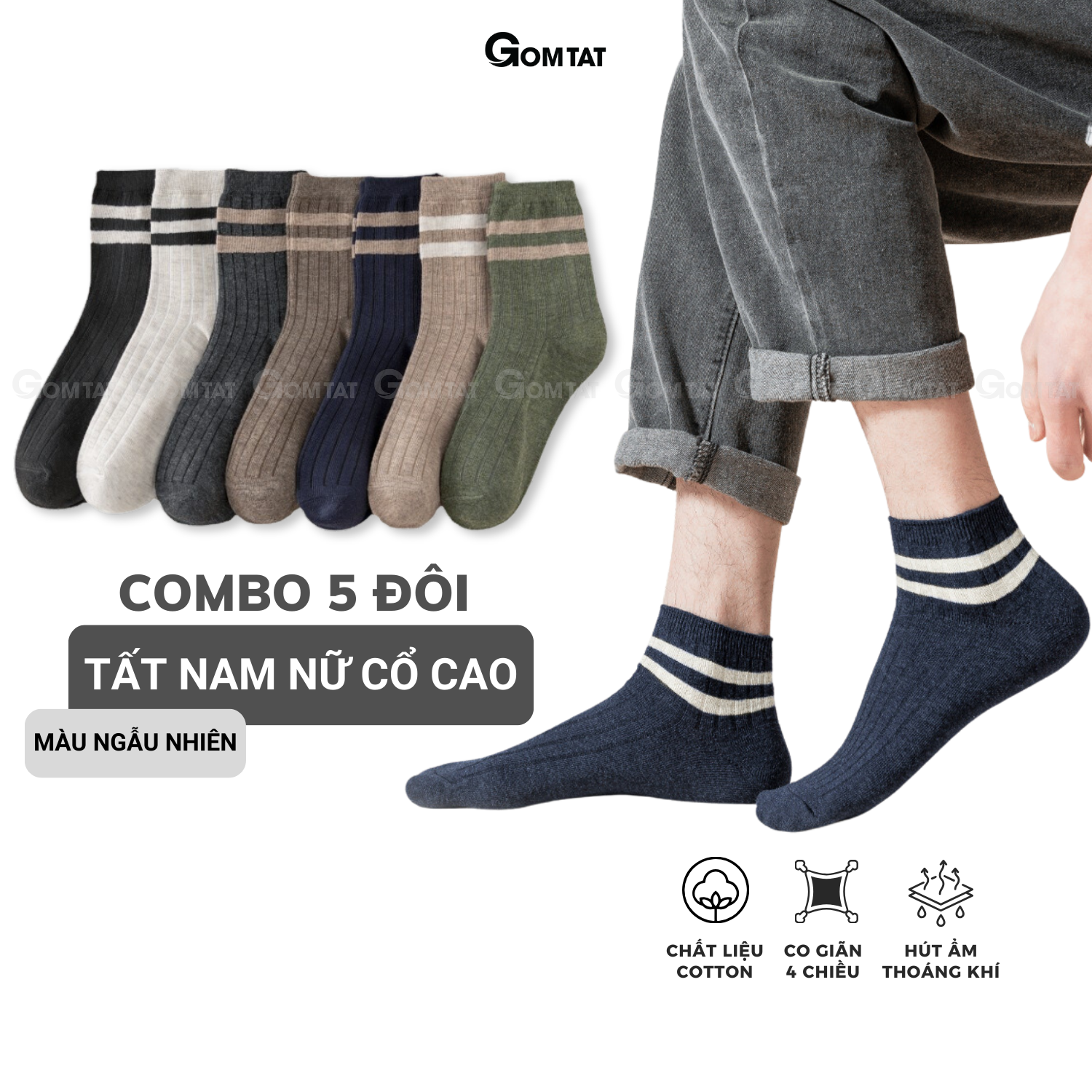  Set 5 đôi vớ nam nữ cổ cao GOMTAT tất sọc ngang nhiều màu sắc chất liệu cotton khử mùi thoáng khí - 5DOI-UYE-7008 