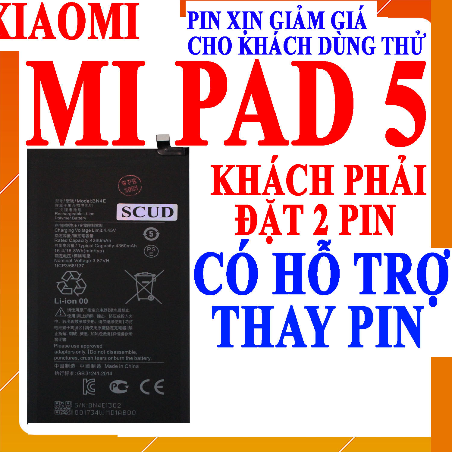 Pin Scud cho Xiaomi MiPad 5/Mi Pad 5 BN4E dung lượng 4360mAh (Đen)