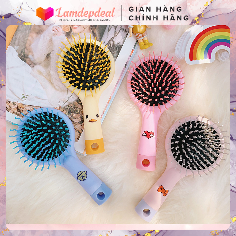Gương lược cầm tay mini cute 2IN1- Lược chải tóc đệm khí massage da đầu kèm gương trang điểm mini dễ thương - Lamdepdeal
