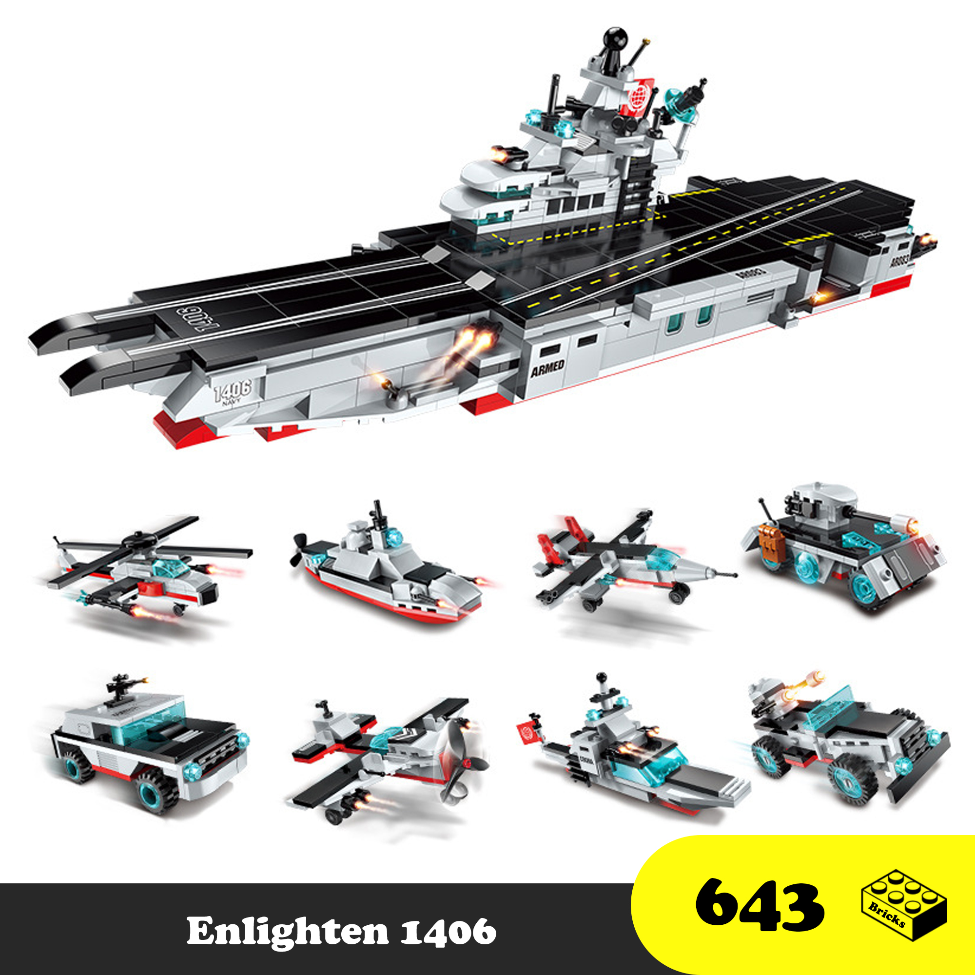 Đồ chơi lắp ráp chiến hạm tàu sân bay bộ 8 hộp, Enlighten 1408 Xếp hình thông minh ghép 16 mô hình [643 Mảnh ghép] Đồ chơi trí tuệ