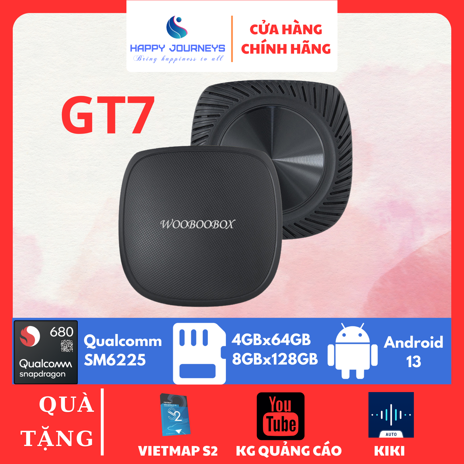 Android box cho ô tô GT7, chip Qualcomm 6225 8 nhân, bộ nhớ 4Gb+64Gb/8Gb+128Gb, tặng S2, BH 12 tháng