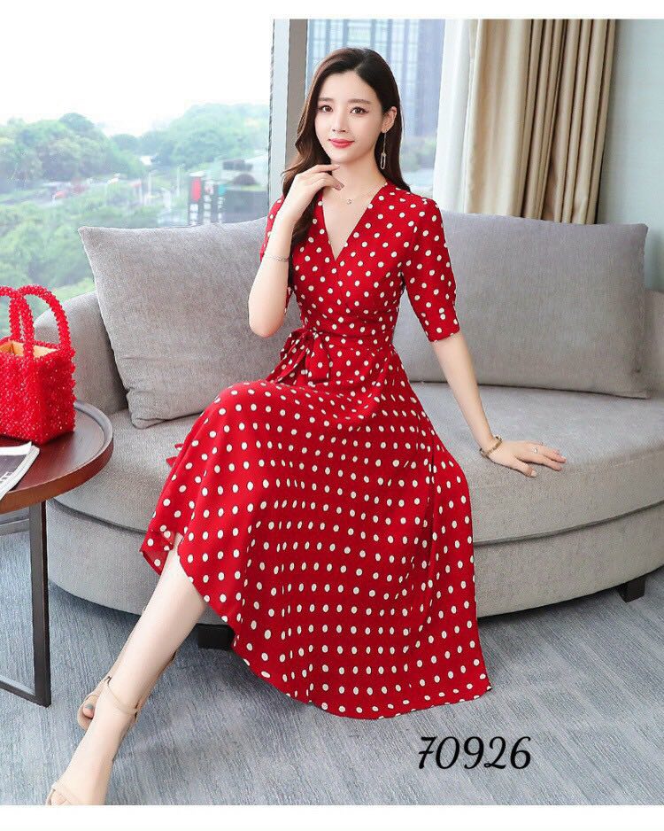 Đầm suông bi lụa thắt nơ siêu dễ thương-d01