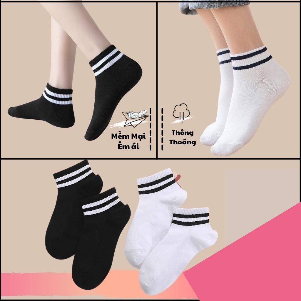 Tất cổ sọc kẻ ngang đen trắng cổ thấp unisex Hàn Quốc