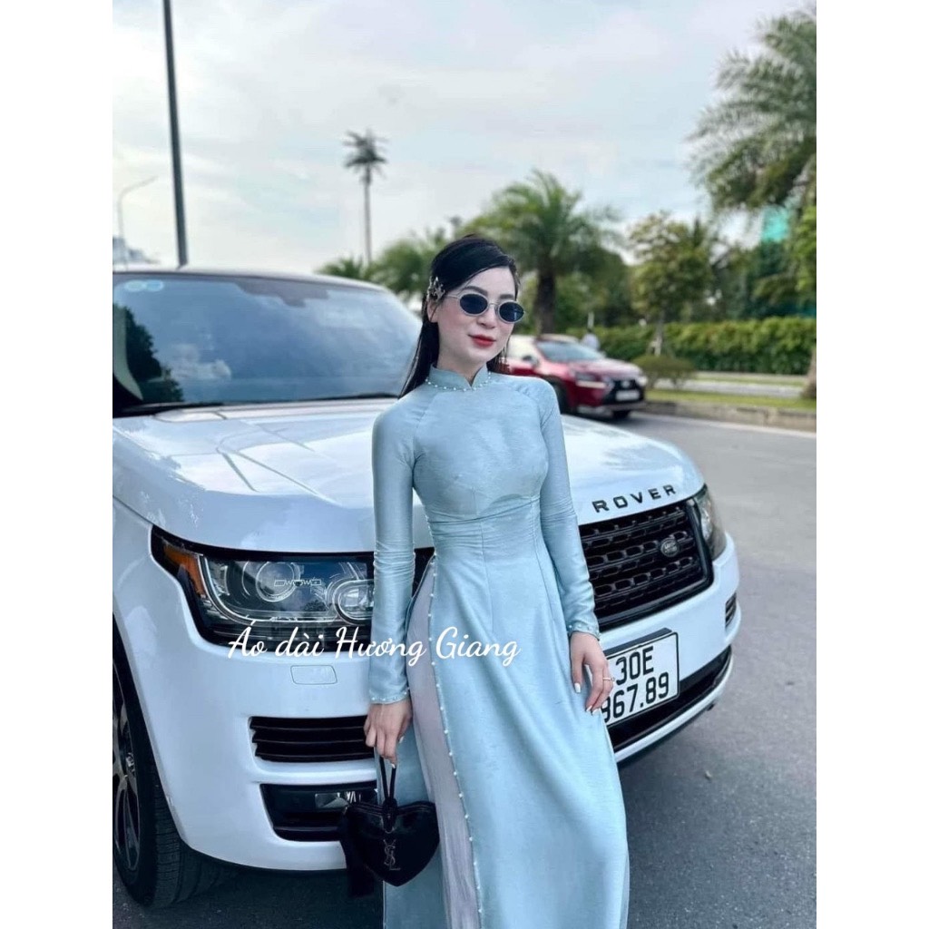 Áo dài lụa vân gỗ màu xanh đá sang trọng, thanh lịch, chất liệu mềm mịn, đính ngọc full tà - Áo dài Hương Giang