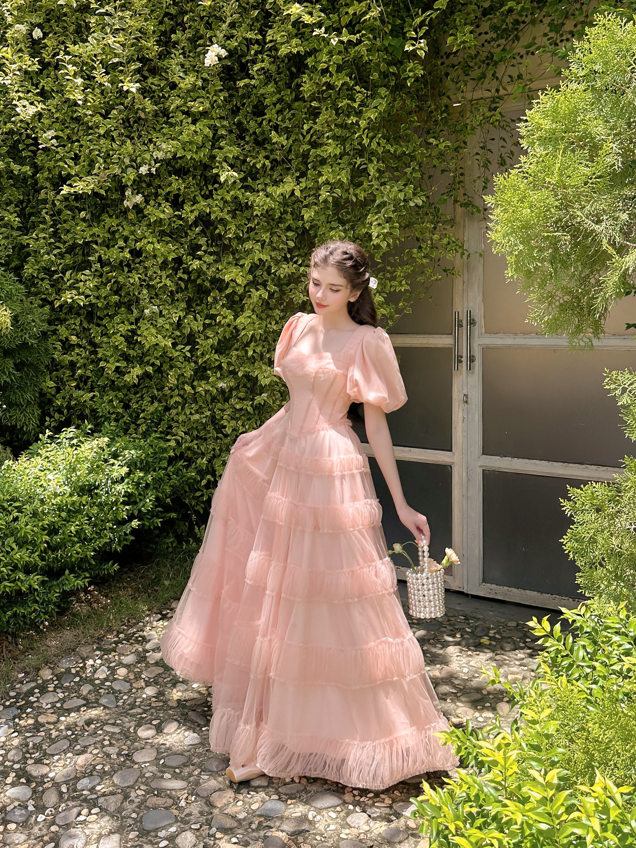 Sò vintage - lucia đầm maxi lưới nhún tay phồng