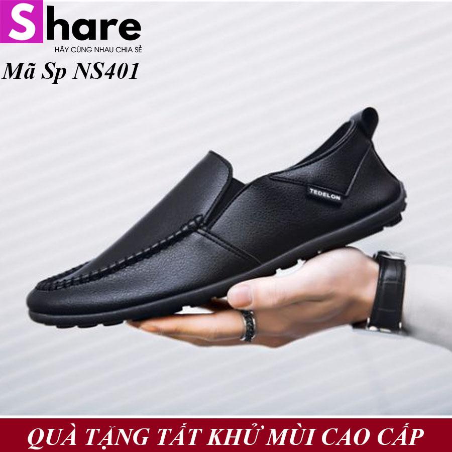 Tặng Lót Da Bò Khử Mùi Cao Cấp Giày Lười Nam Da Hàn Quốc Màu Đen