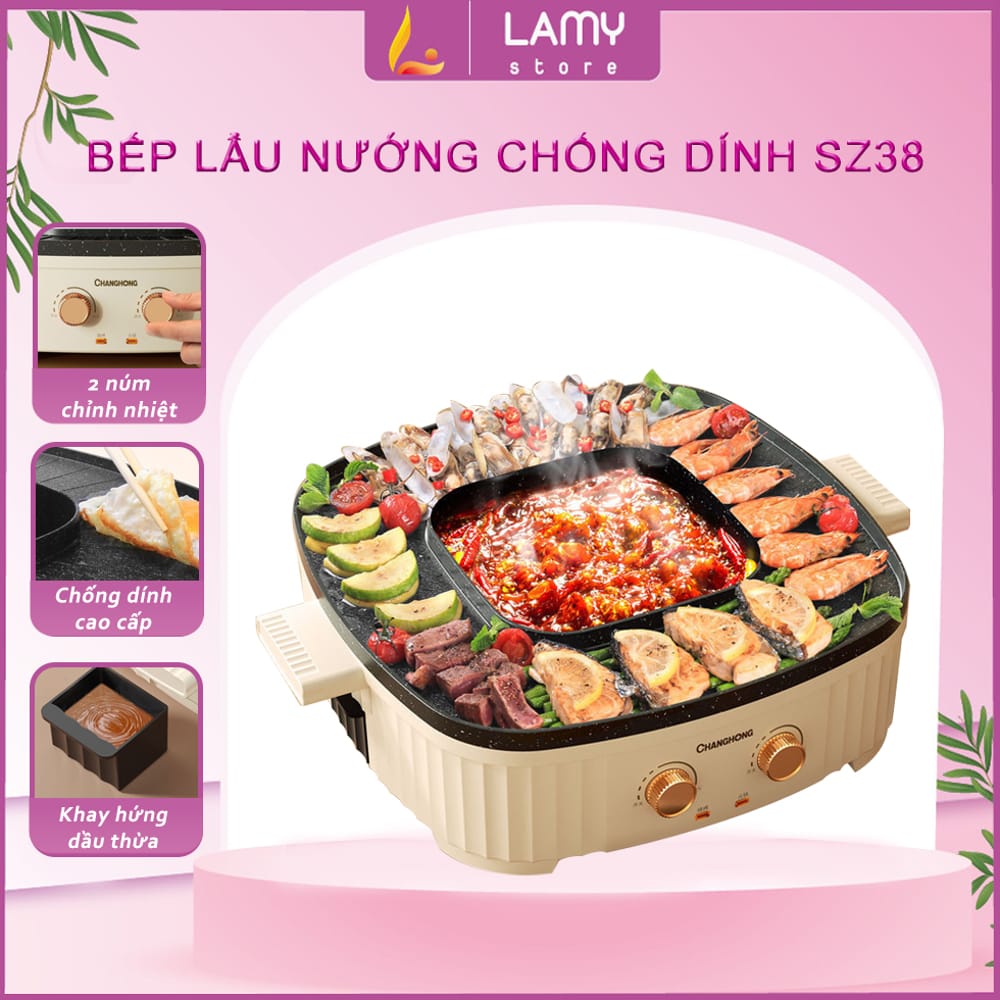 Bếp Lẩu Nướng Vuông Đa Năng 2in1 CHANGHONG 36cm Mặt Bếp Chống Dính Cao Cấp Thiết Kế Nhiều Lớp Chịu Nhiệt Tốt