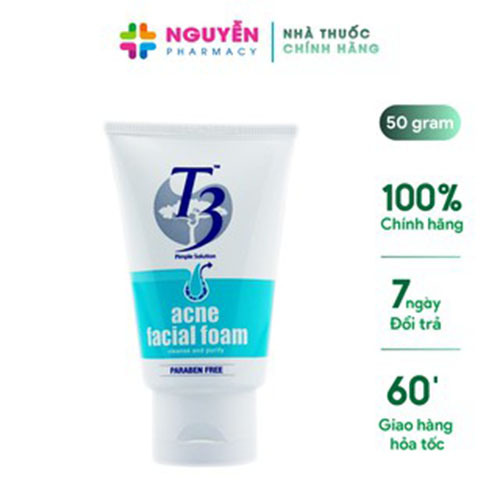 Sữa rửa mặt dành cho da nhờn, mụn t3 facial foam tuýp 50g